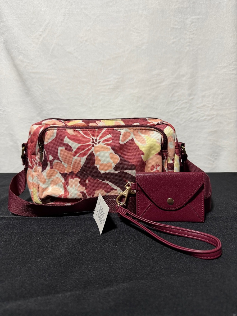 Floral Print Crossbody Bag with Matching Card Wallet - Burgundy Pink